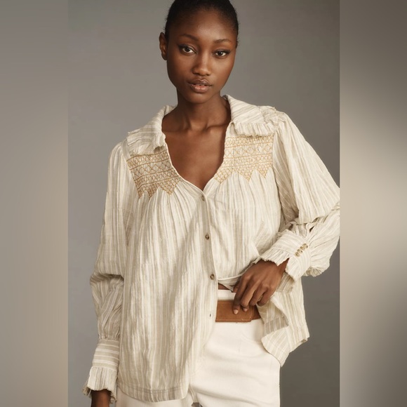 Pilcro Tops - Pilcro Cream Striped Button-Up Blouse with Beige Embroidery